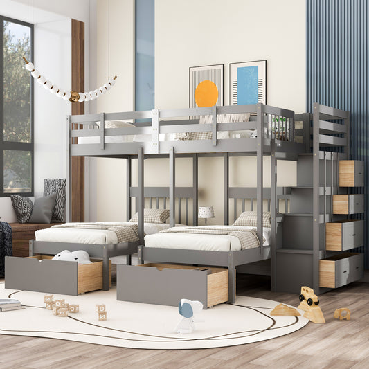 Triple Bunk Bed, Full Over Twin, Solid Wood with Drawers and Guardrails for Shared Bedroom or Guest Room
