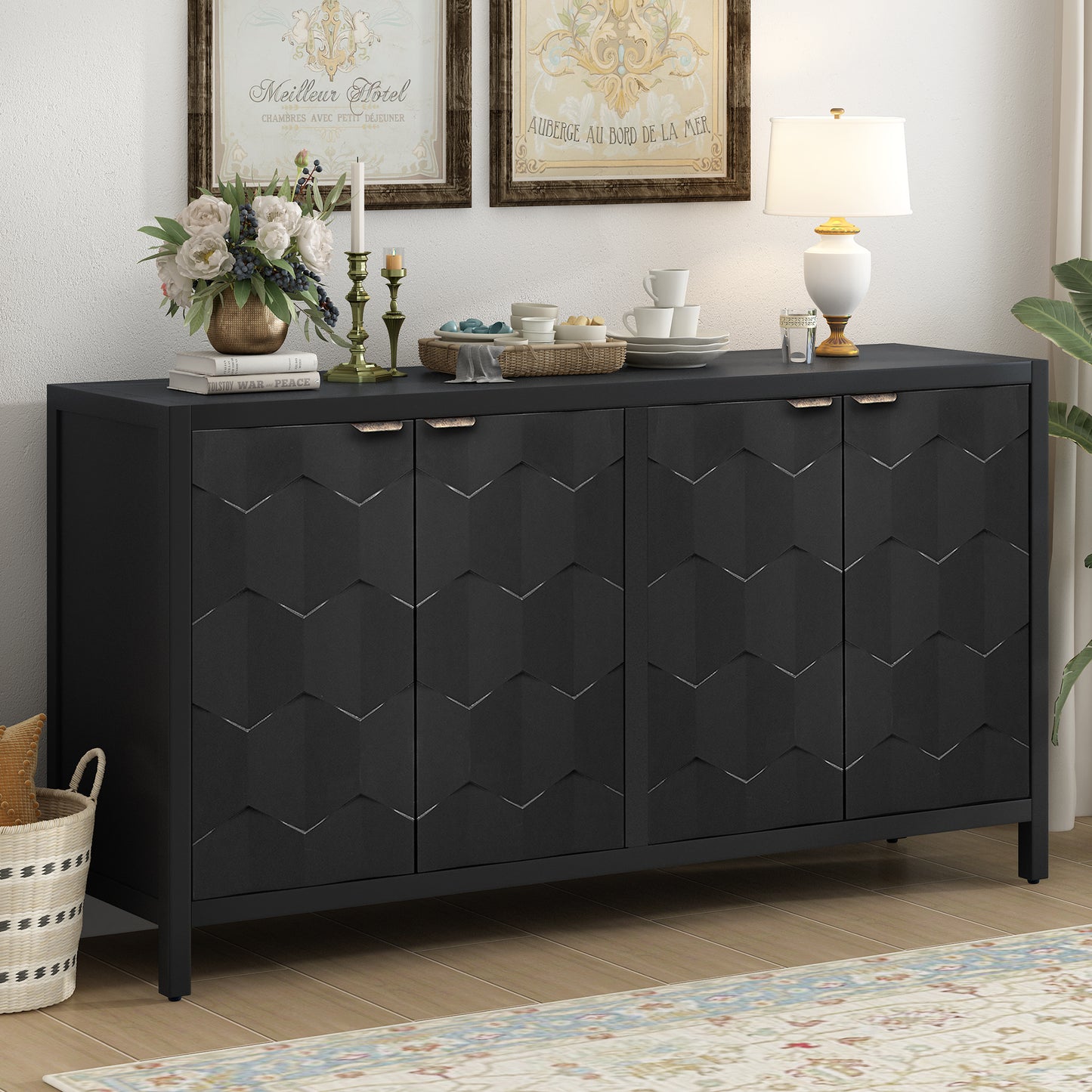 Luxurious Four-Door Sideboard with Honeycomb Patterned Doors, Offering Ample Storage for Study,Entrance and Living Room
