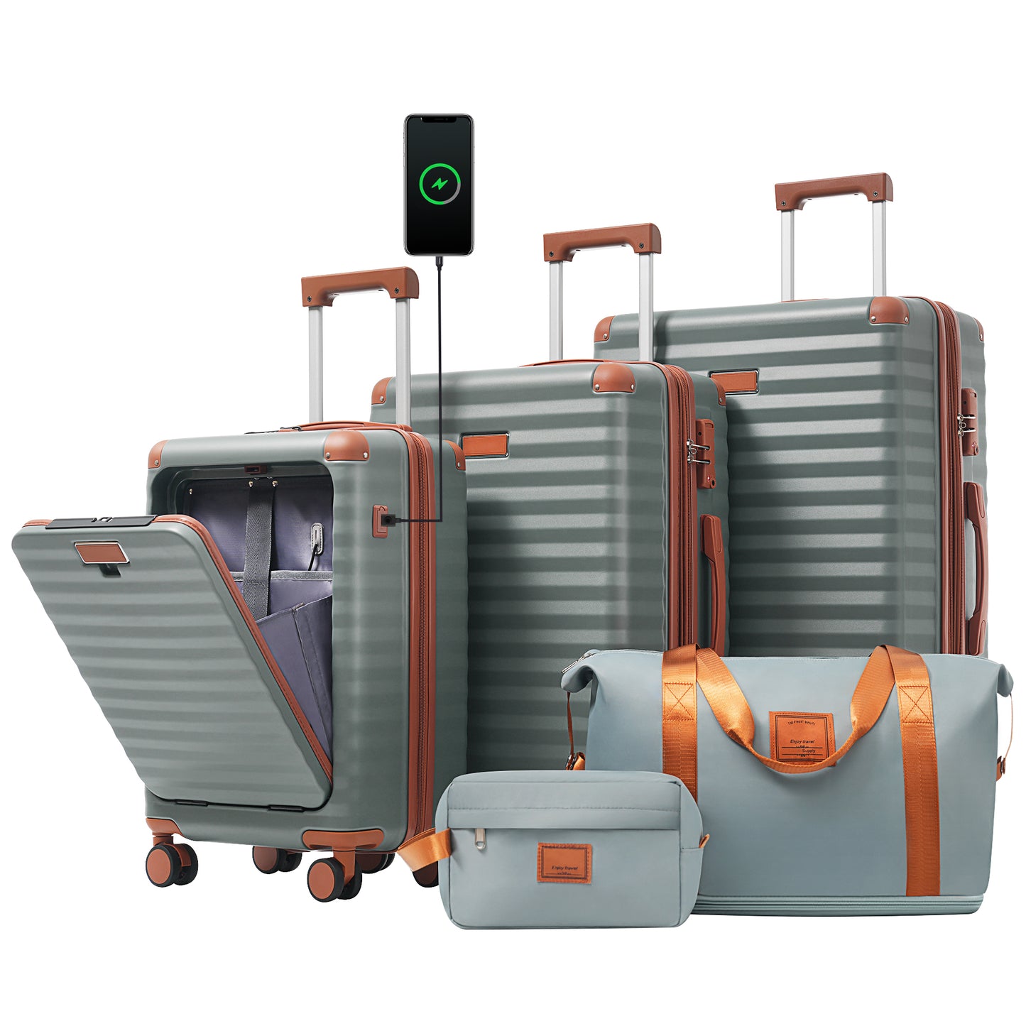 Luggage Sets 5 Piece with Front Opening , Hardside Expandable Carry on Suitcase with Spinner Wheels TSA Lock USB Port  C