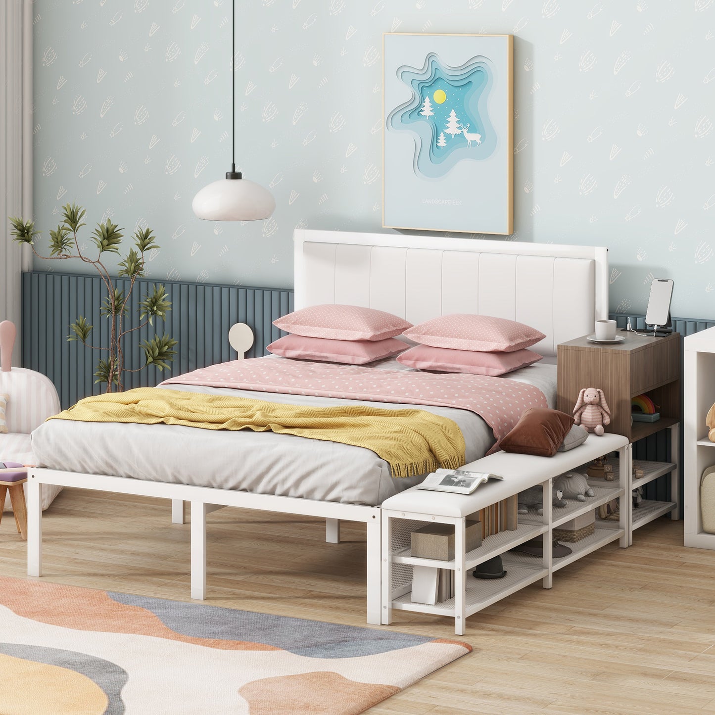 Metal Platform Bed with Two-Tier Storage Shelves and Wooden Storage Cabinet