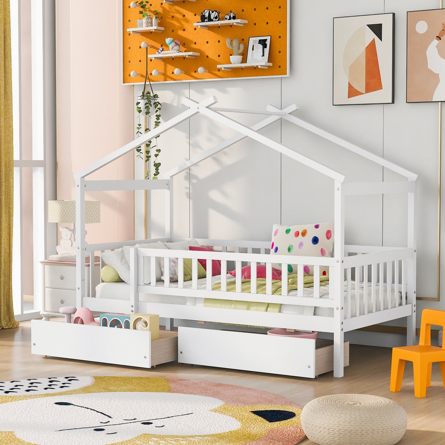 Twin Size Wooden House Bed with Two Drawers