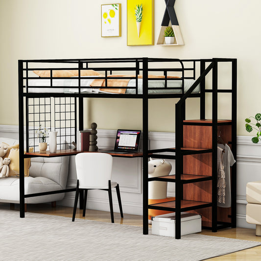 Loft Bed Twin MDF+Metal Black with Desk and Storage for Bedroom or Guest Room