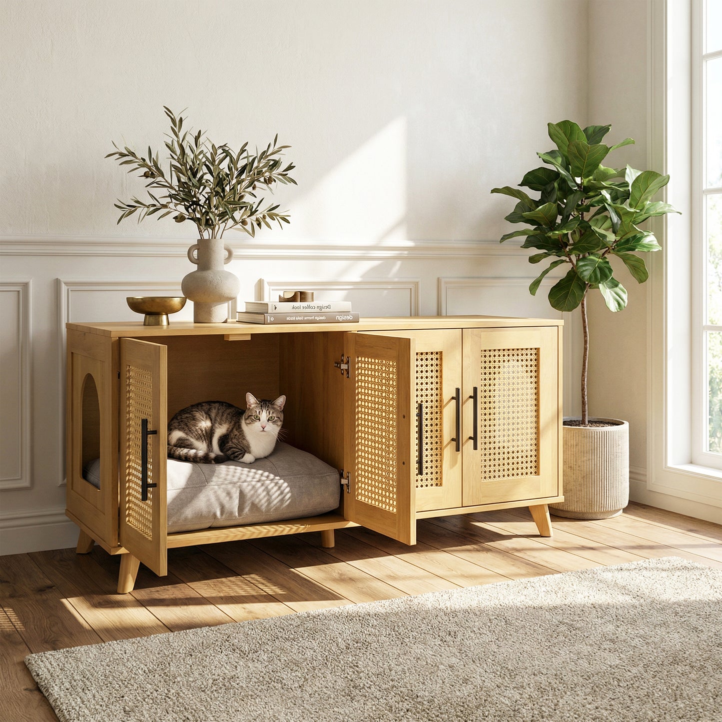 Premium Rubber Wood Cat Cabinet with Cushion – Hidden Indoor Pet Furniture for Modern Living Spaces