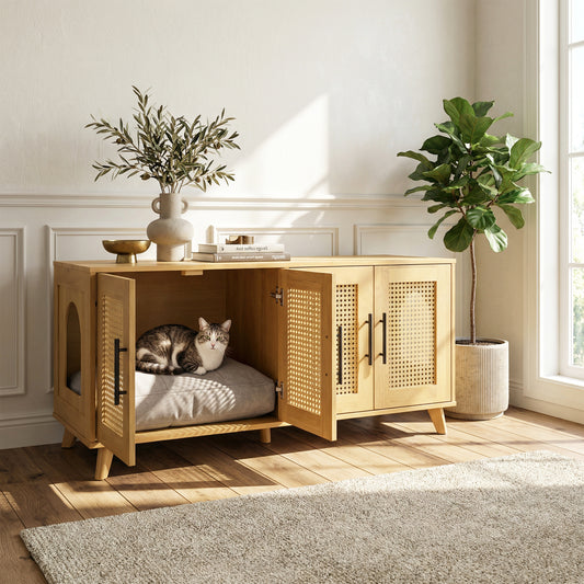 Premium Rubber Wood Cat Cabinet with Cushion – Hidden Indoor Pet Furniture for Modern Living Spaces