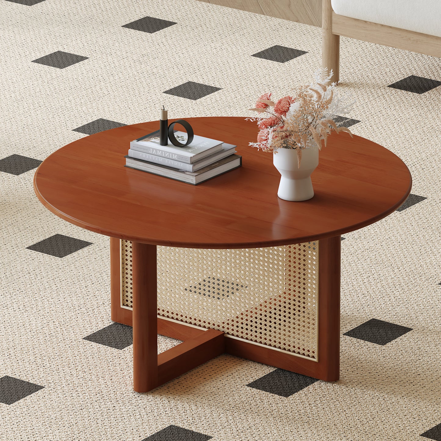 A natural and elegant deep red wooden coffee table with artificial rattan decorations, perfect for a fashionable living room and comfortable tea drinking time