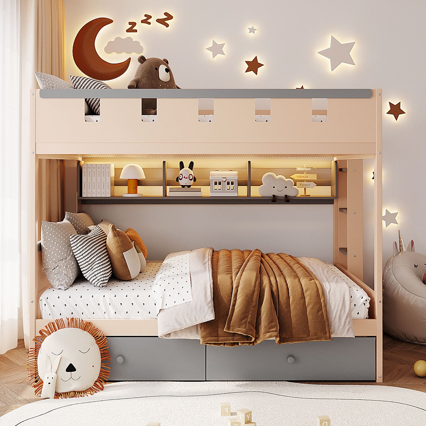 Full Size Castle Style Bunk Bed with 2 Drawers, Shelf, and LED