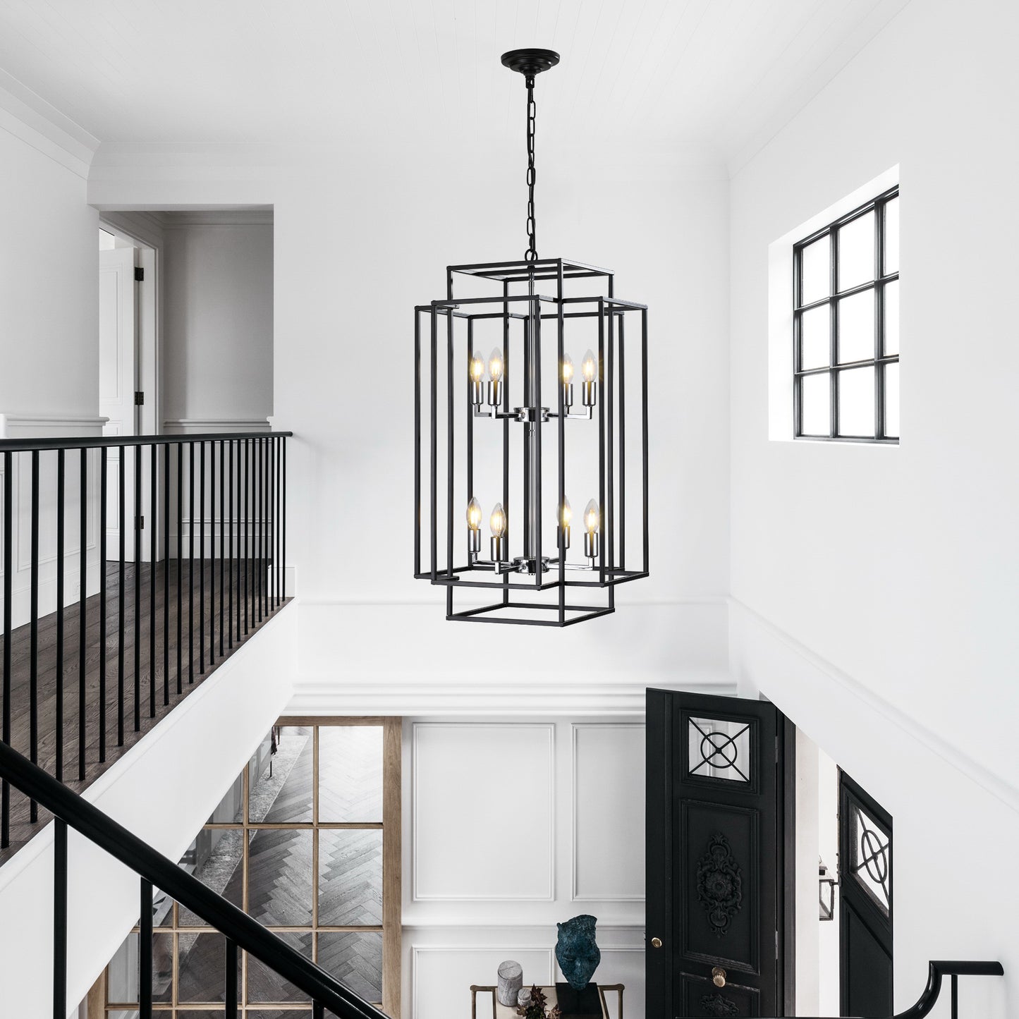 (Same as W1340142525/L1018-C) 8-Lights Lantern Tiered Pendant Light Fixtures, Industrial Farmhouse Hanging Chandelier for Entryway, Foyer, Living Room, Kitchen Island, Staircase(Black & Silver)