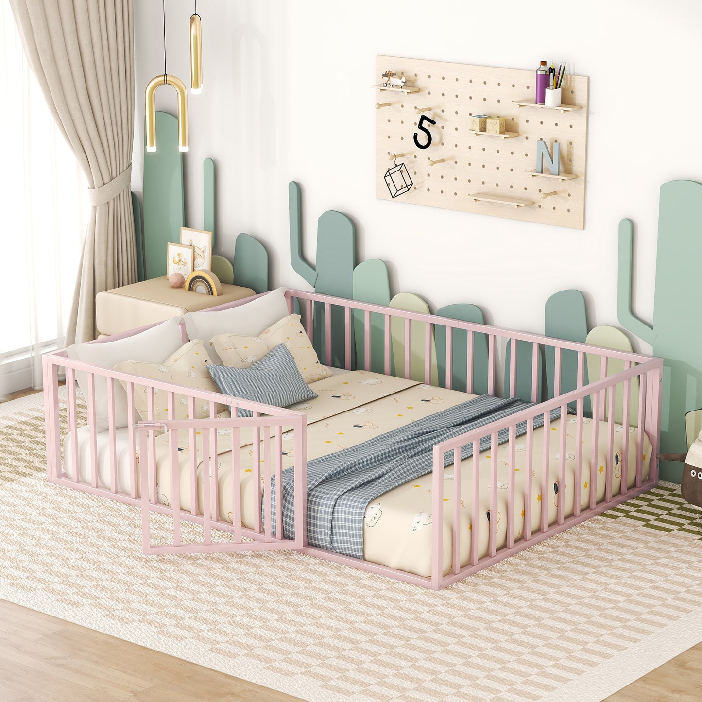 Metal Floor Bed Frame with Fence and Door