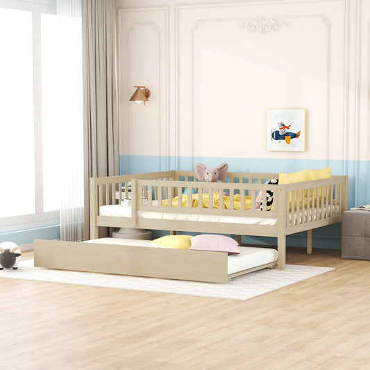 Daybed, Full Size, Solid Wood and MDF with Trundle and Guardrails for Bedroom or Living Room