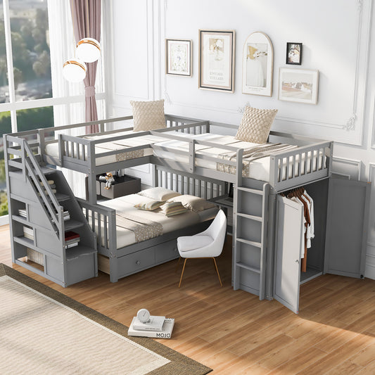 L-Shaped Bunk Bed, Twin Over Full, Solid Wood with Three Drawers, Wardrobe Storage, and Rolling Desk for Shared Bedroom or Guest Room