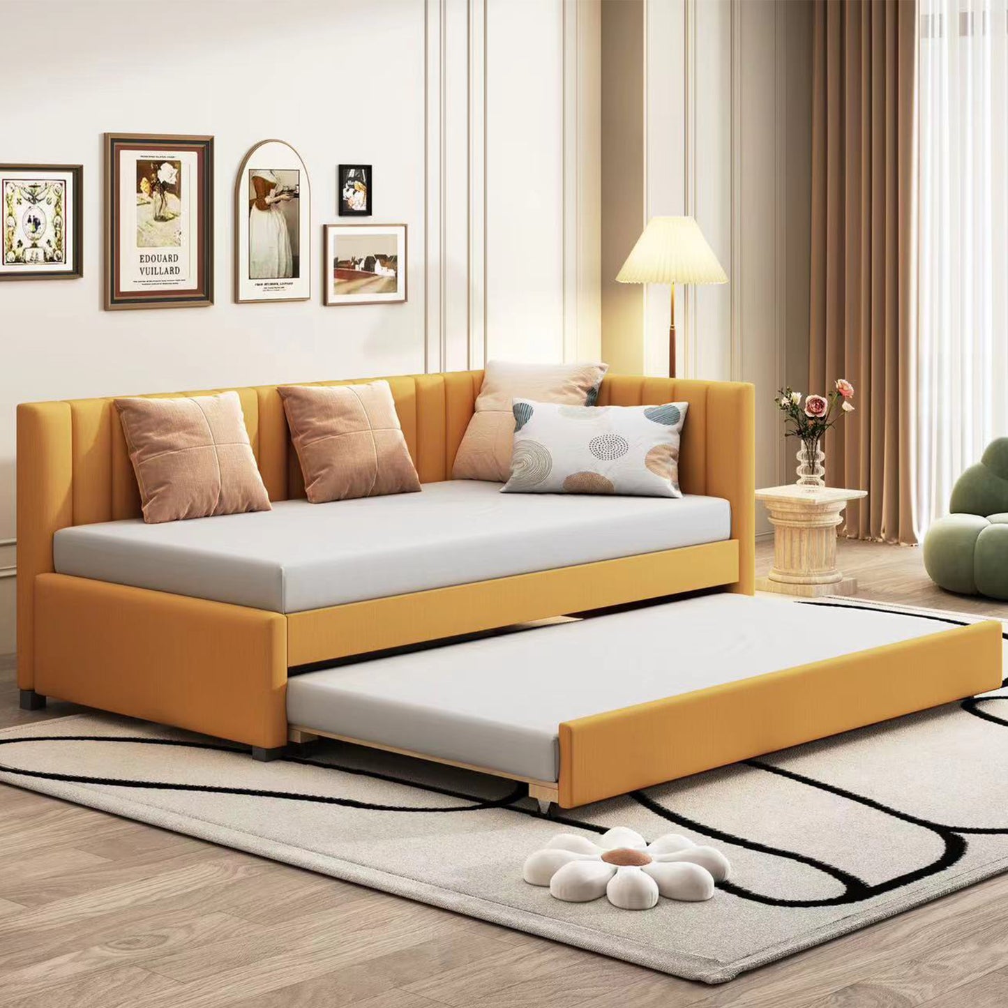 Upholstered Daybed with Trundle Sofa Bed Frame No Box Spring Needed, Linen Fabric