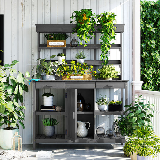 Garden Potting Bench Solid Wood Gray with Storage for Patio, Garden, or Backyard