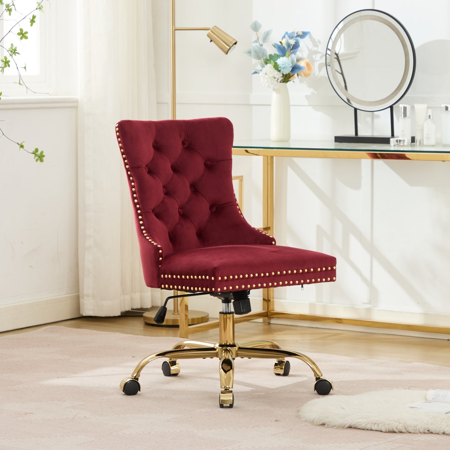 Modern Velvet Upholstered Tufted Button Home Office Chair with Golden Metal Base, Adjustable