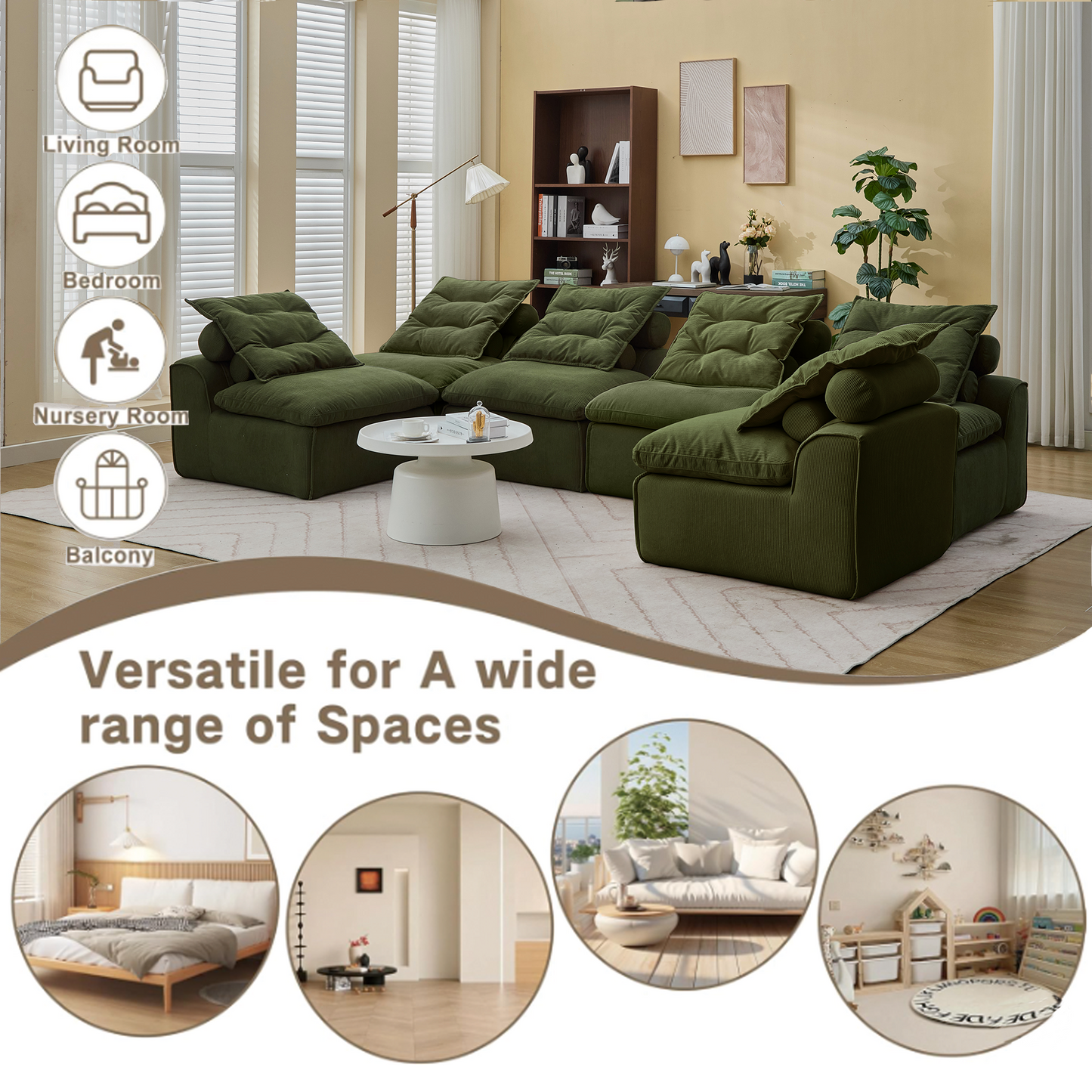 Modular Sofa,No Armrests,At will DIY,Corduroy ,Neck Pillow-Back Lounge Sofa Chair,Reading Nook, or Apartment Living, Lumbar Pillow,6 Seats,Upholstered,Green