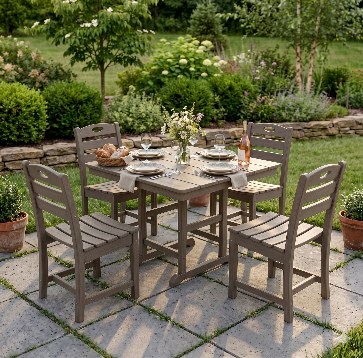 HDPE 5-Piece Outdoor Patio Dining Set with Square Table and 4 Armless Chairs,Umbrella Hole