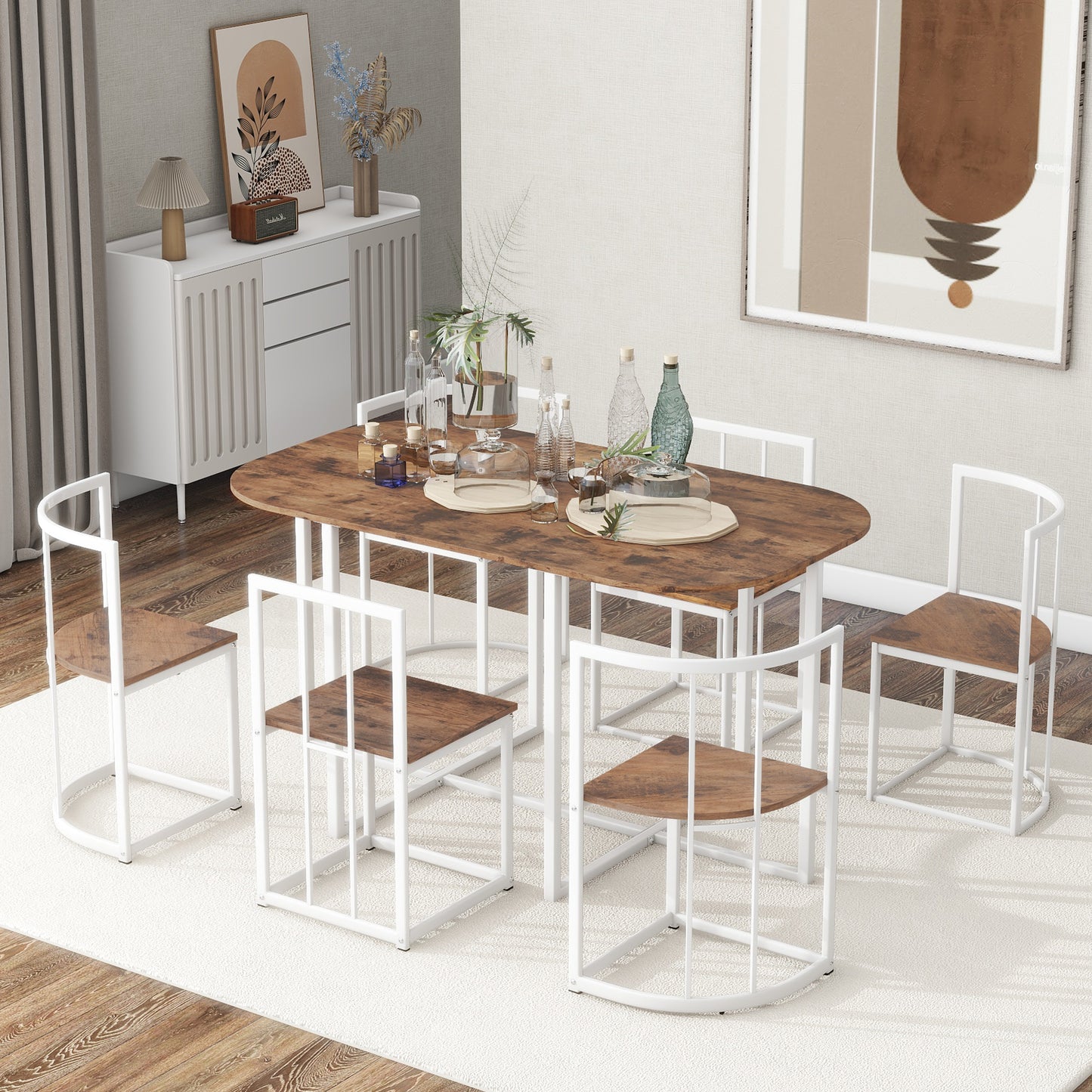 Modern 7-Piece Dining Table Set with Faux Marble Compact 55Inch Kitchen Table