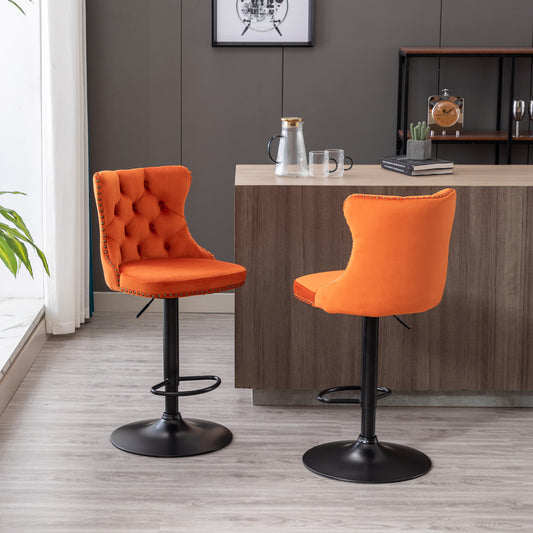 Adjustable Bar Stools Set of 2 Orange Velvet Modern with Adjustable Design and Swivel Function for Dining Room or Kitchen Seating