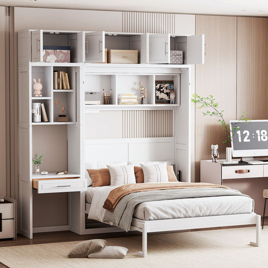 Murphy Wall Bed White MDF and LVL with Storage for Bedroom and Guest Room