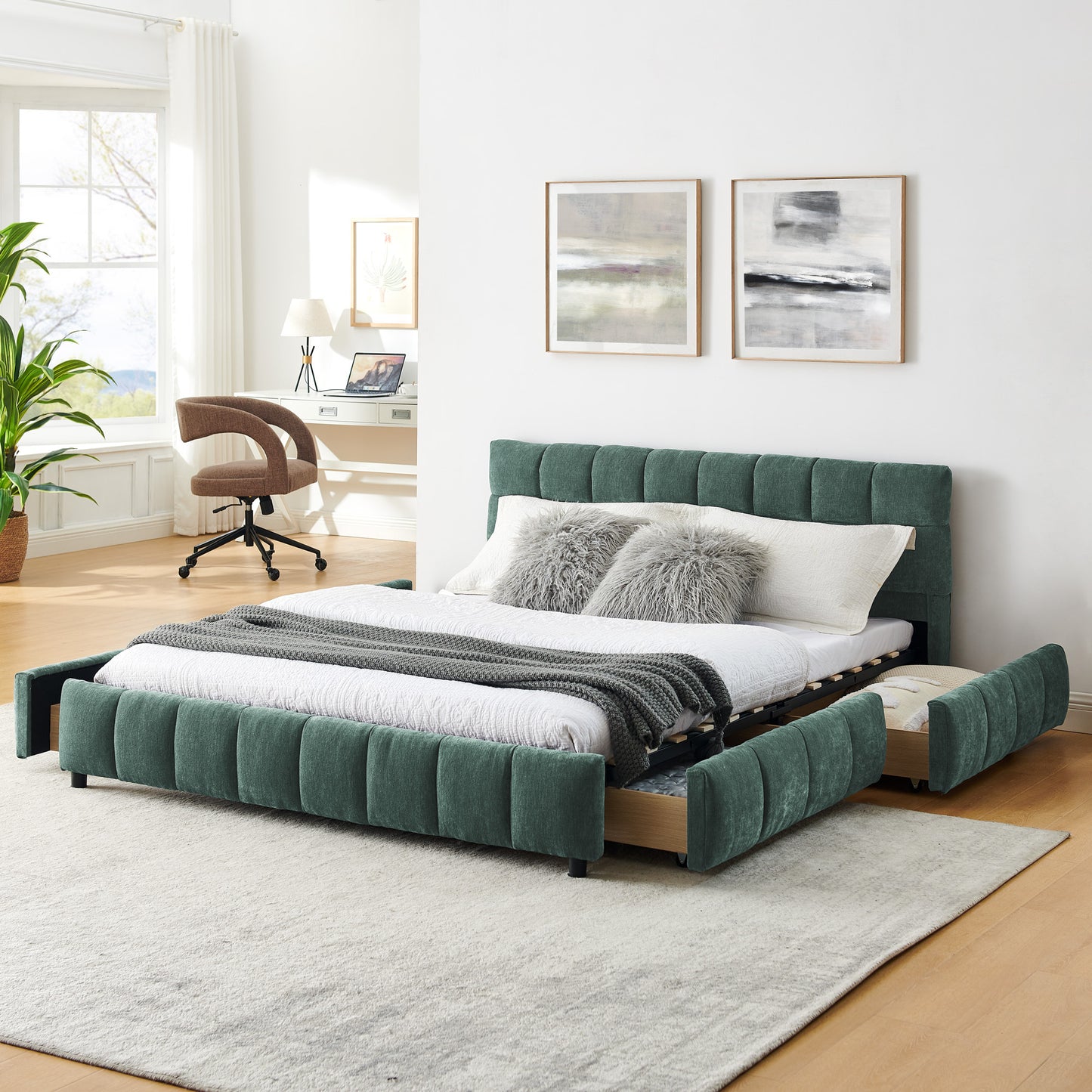 Queen Size Upholstered Bed Frame with Storage Drawer, Chenille Fabric