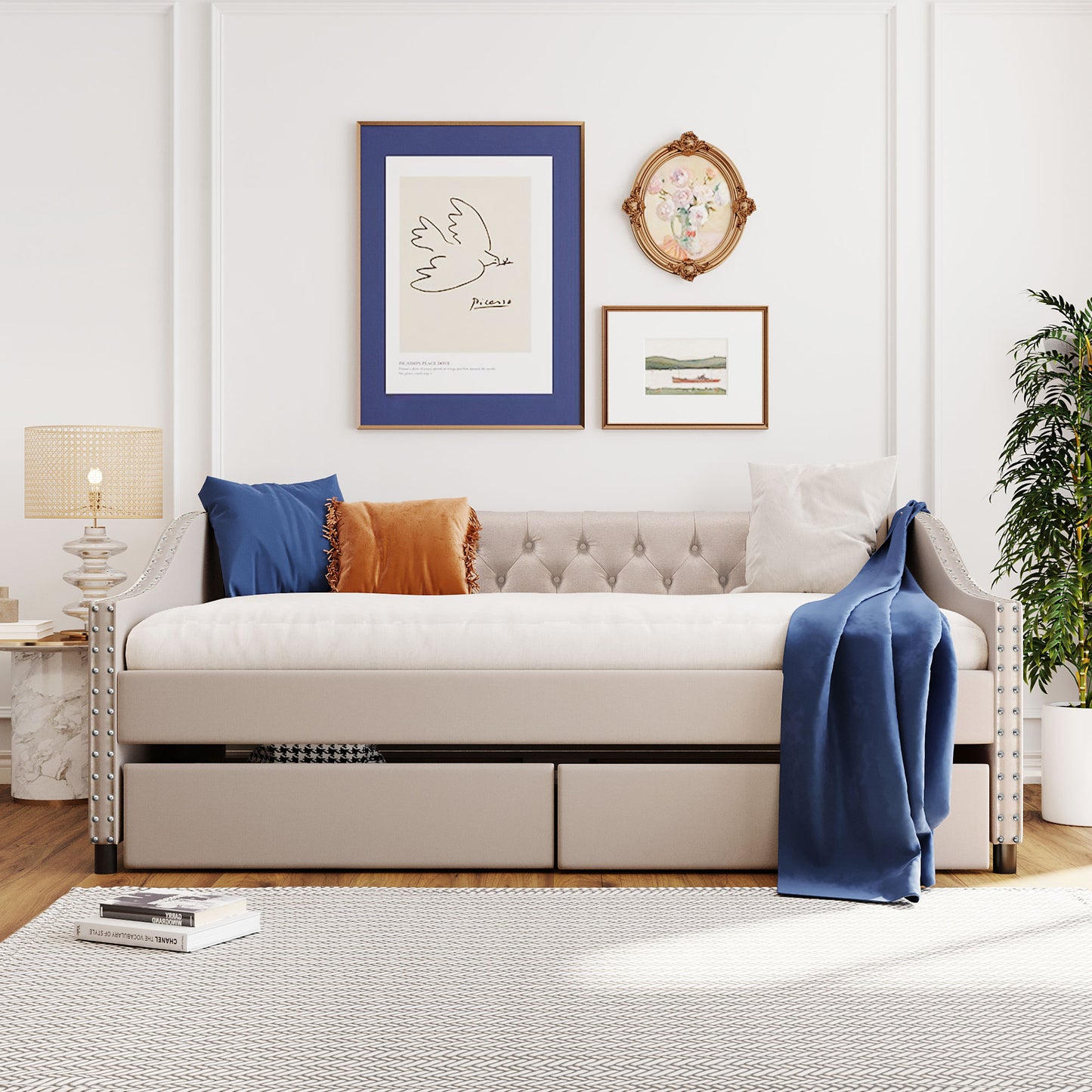 Upholstered Daybed with Two Drawers and Wood Slat Support