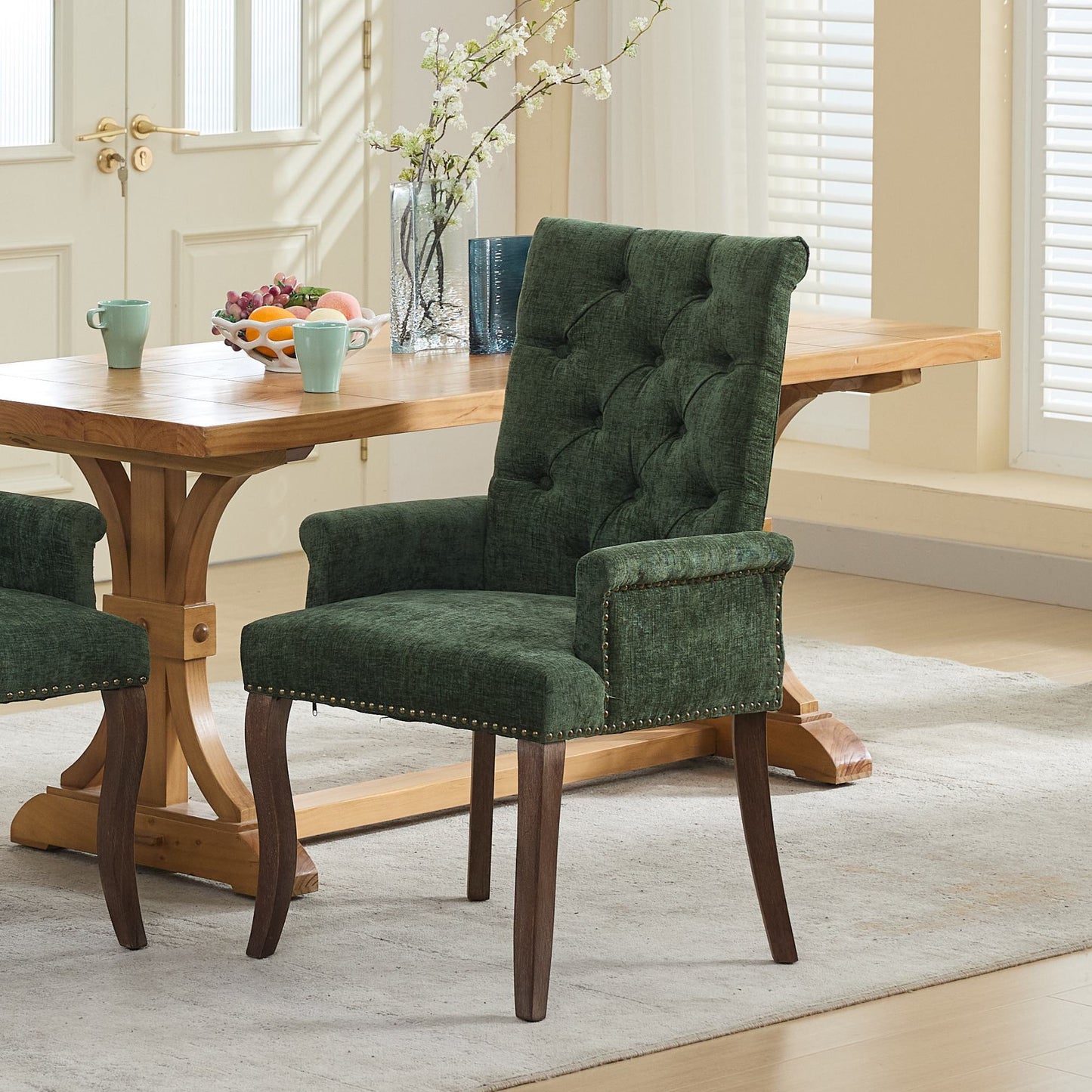 Upholstered Chenille Fabric Accent Dining Chair, Curved Solid Wood Legs, Elegant Tufted Club,