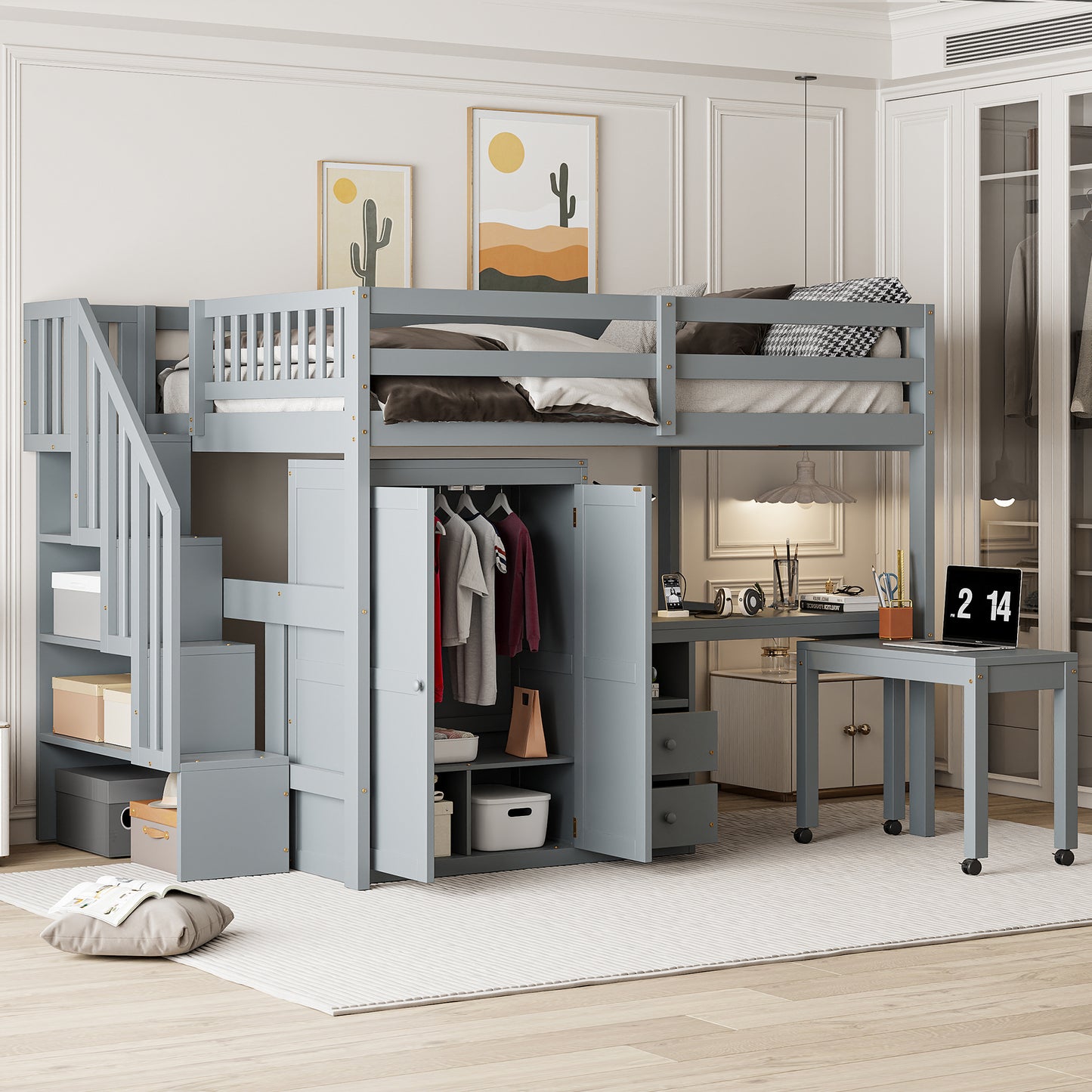 Full Size Loft Bed with Stairs, Bookshelf, Drawers, Desk & Wardrobe – Space