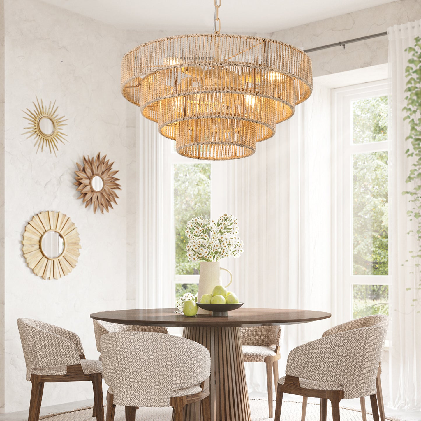 Modern Woven Hemp Rope Chandelier, Boho Style Pendant Light, Elegant Hanging Light Fi