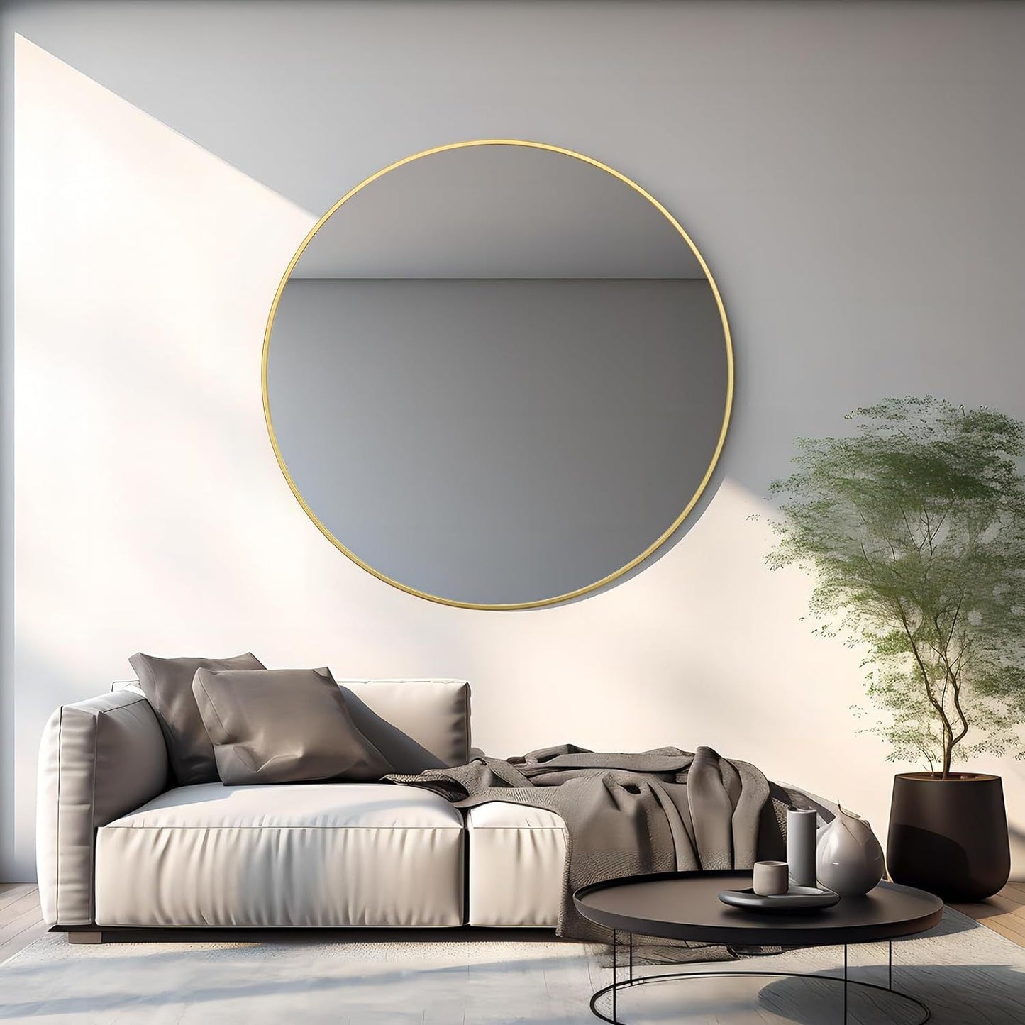 Round Metal Frame Wall Mirror – 42" Large Bathroom Vanity Mirror, Modern Circular Decorative Mirror