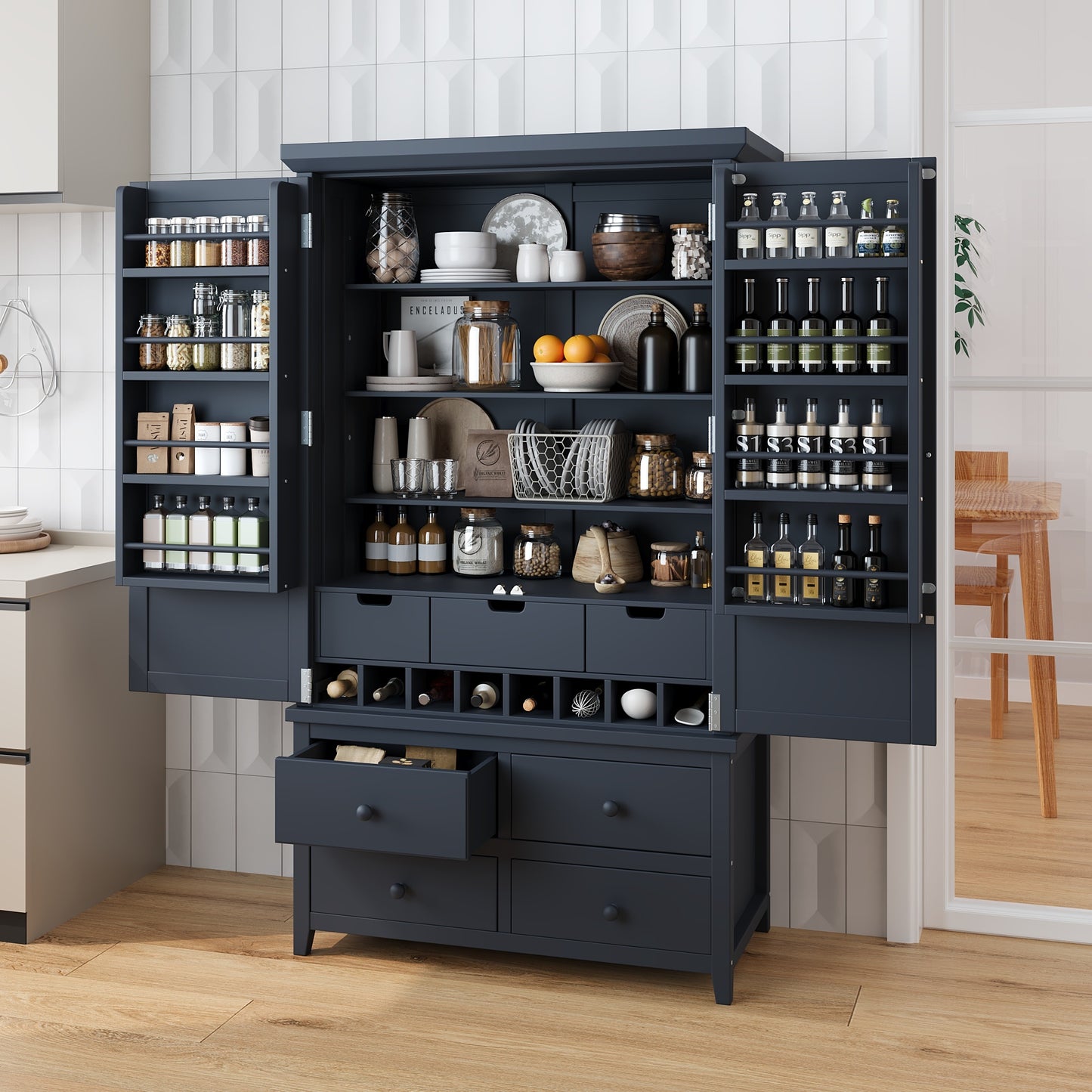 Freestanding Large Kitchen Pantry Wooden Kitchen Storage Cabinet Cupboard with 8 Door Shelves