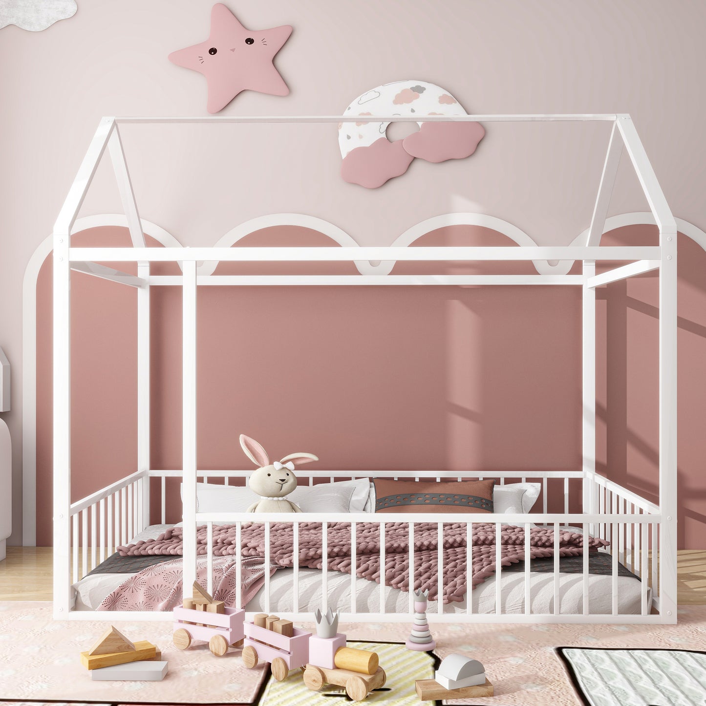 Metal Bed House Bed Frame with Fence, for Kids, Teens, Girls, Boys