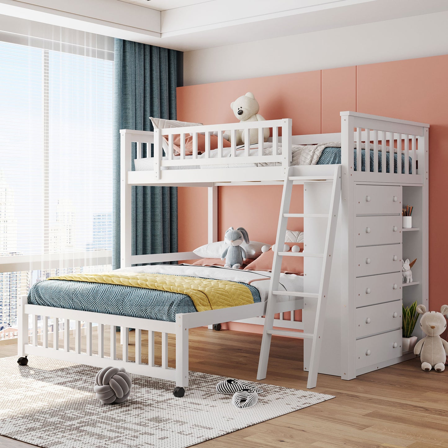 Wooden Twin Over Full Bunk Bed with Six Drawers and Flexible Shelves, Bottom Bed with Wheels