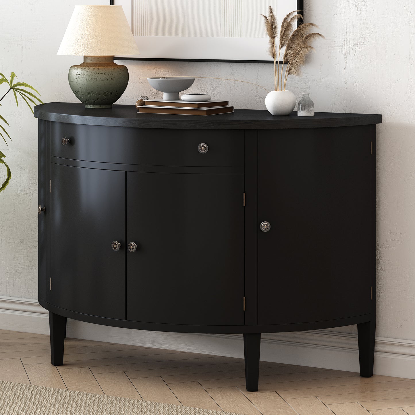 Curved Design Storage Cabinet made of Fraxinus Mandschuric Solid Wood Veneer, Adjustable Shelves, Suitable for Corridors, Entrances and Study.