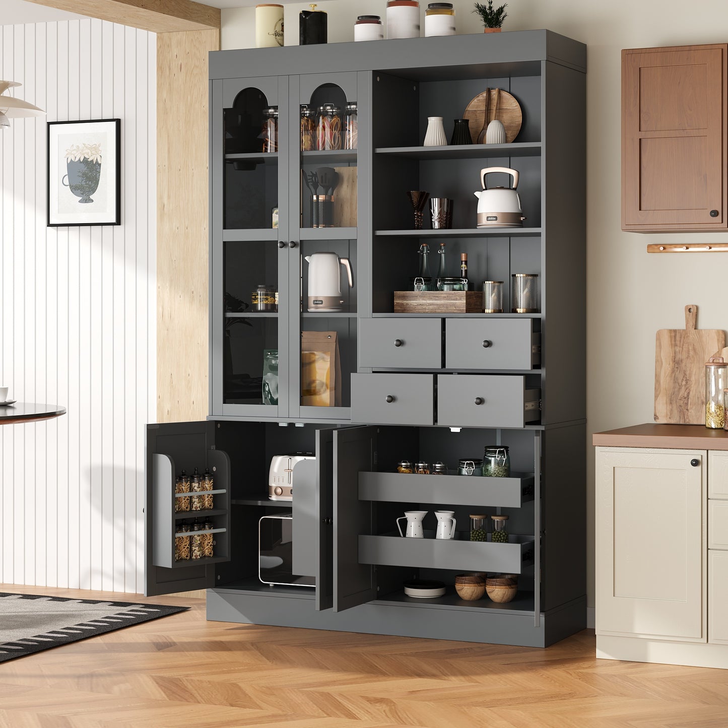 47.2x15.7x75inch Freestanding Buffet with Hutch, Tall Kitchen Pantry Cabinet with 4 Drawers, Door Shelves and Pull-out T