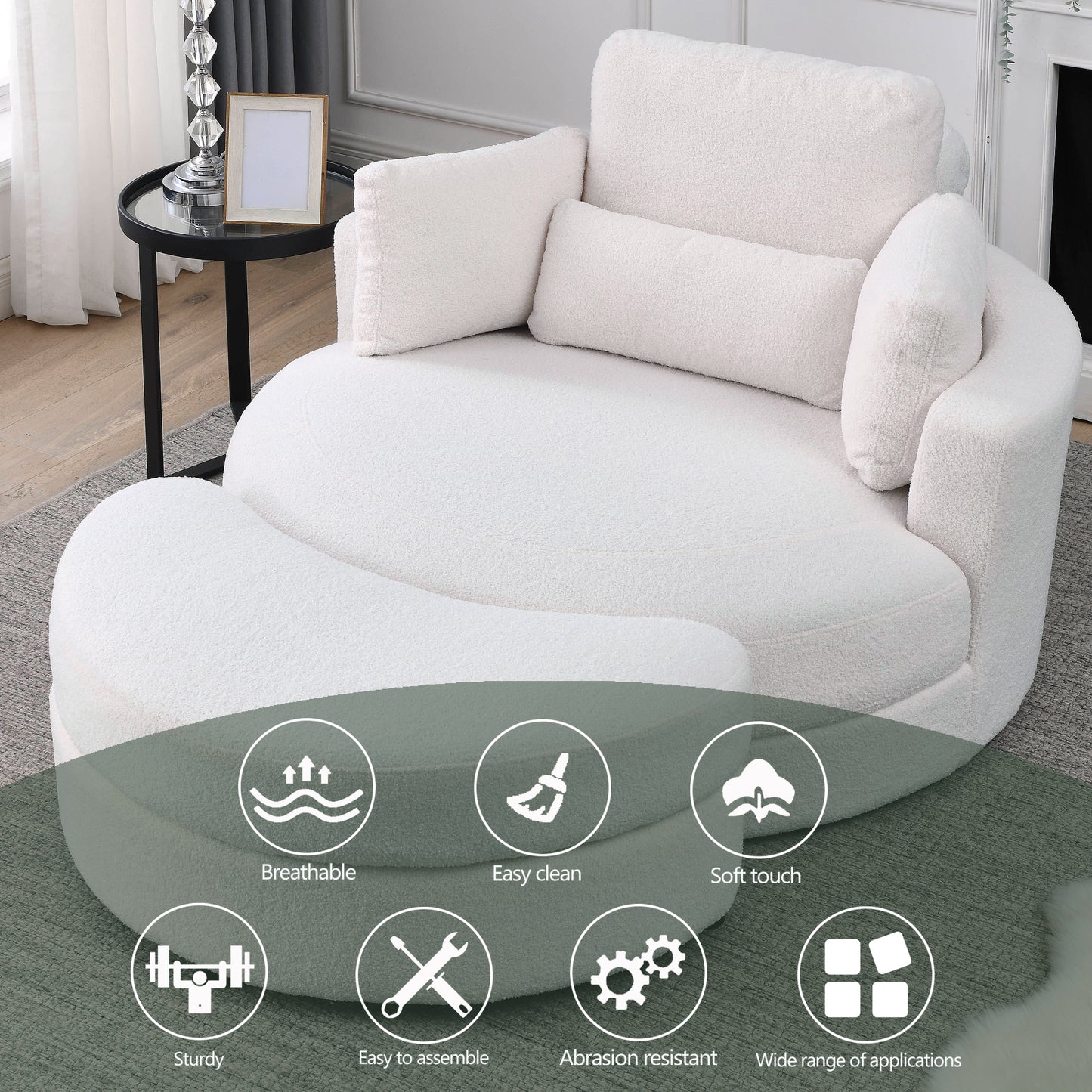 Swivel Accent Barrel Modern Sofa Lounge Club Big Round Chair with Storage Ottoman Linen Fabric for Living Room Hotel with Pillows,Teddy White (Ivory)