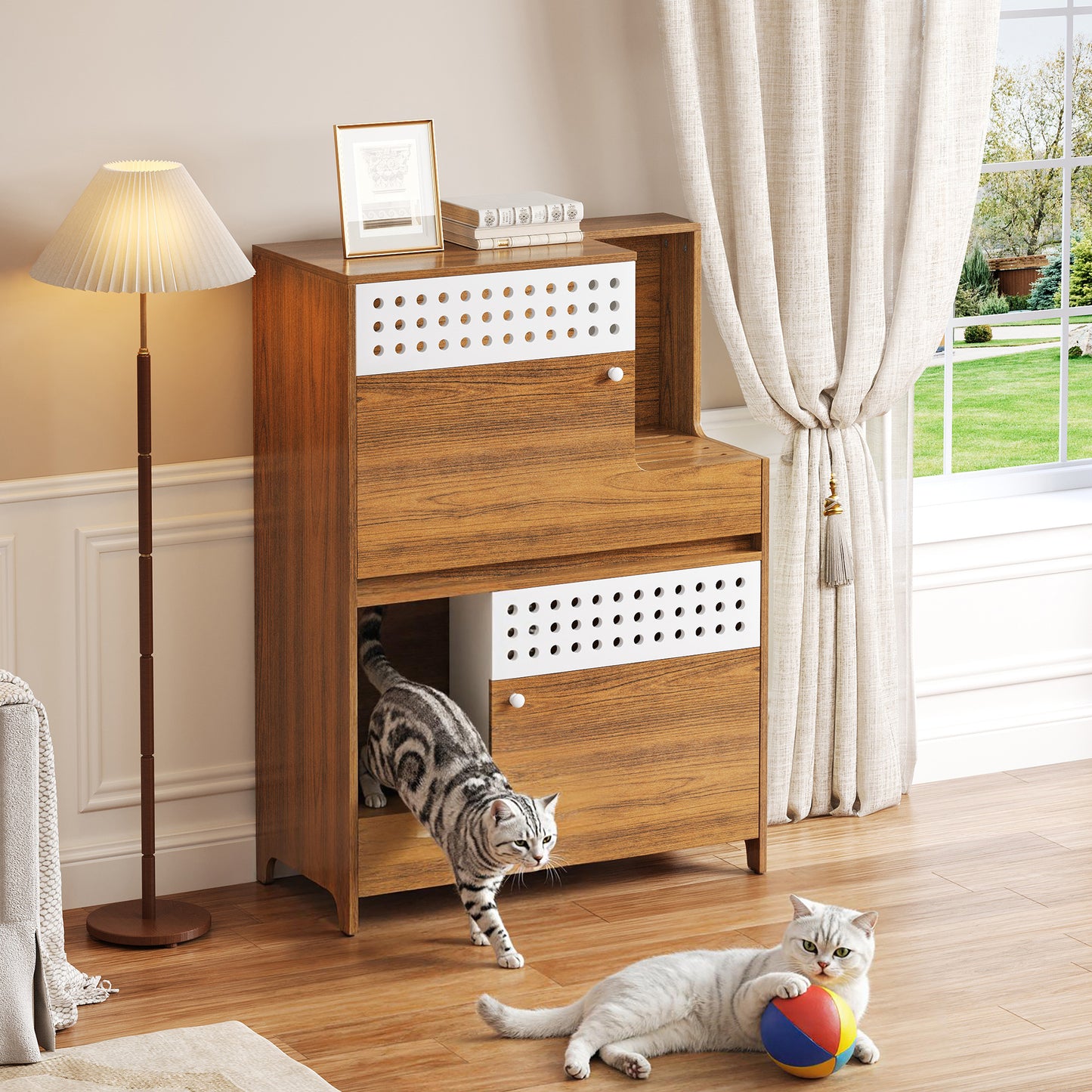 Modern 2-in-1 Cat Litter Box Enclosure Side Table – Hidden Cat House Furniture with Storage