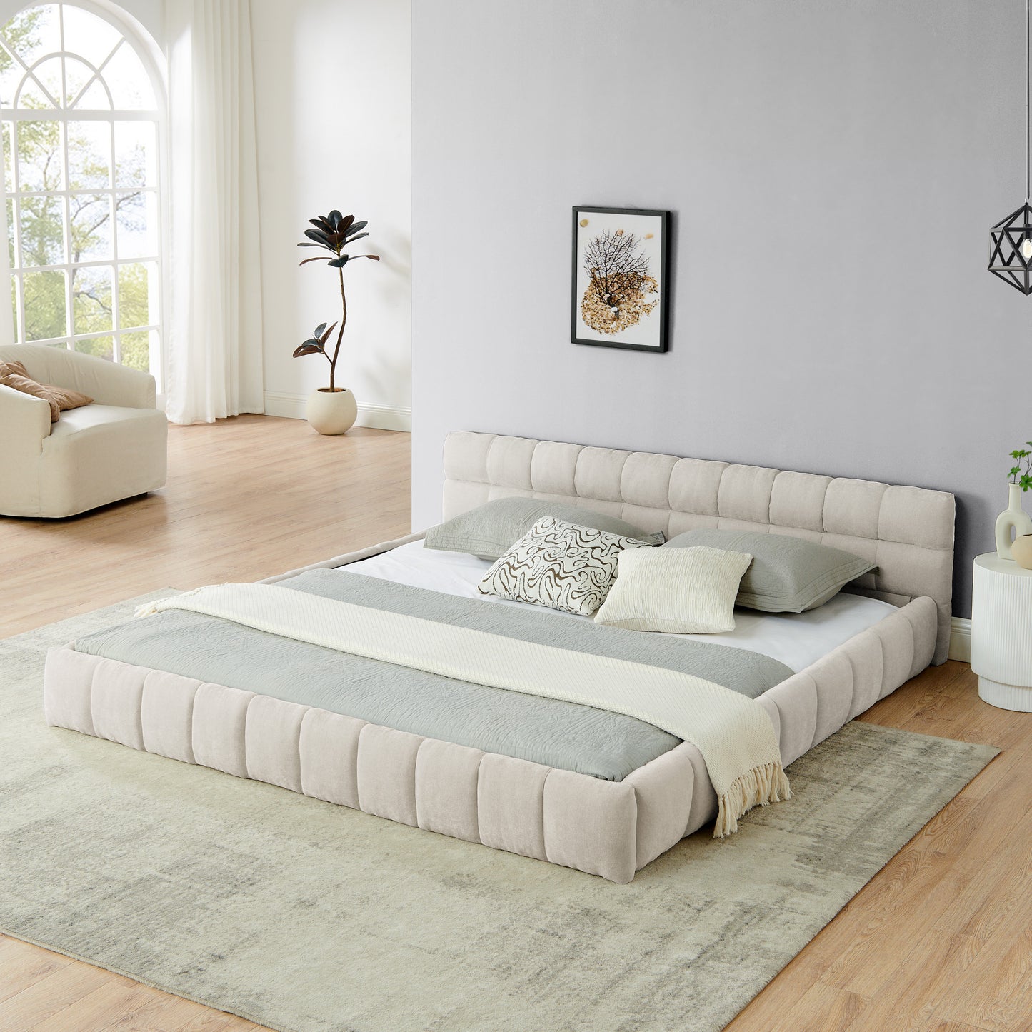 Upholstered Bed Frame with Thick Chenille Fabric, Grounded Platform Bed with Headboard and