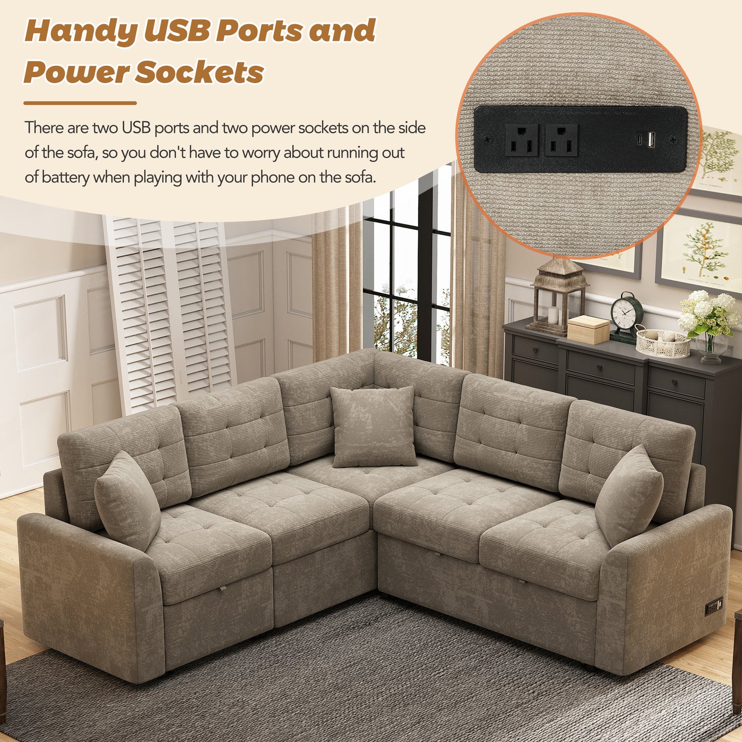 82.6" L-shape Sofa Bed Pull-out Sleeper Sofa with Wheels, USB Ports, Power Sockets for Living Room , Khaki