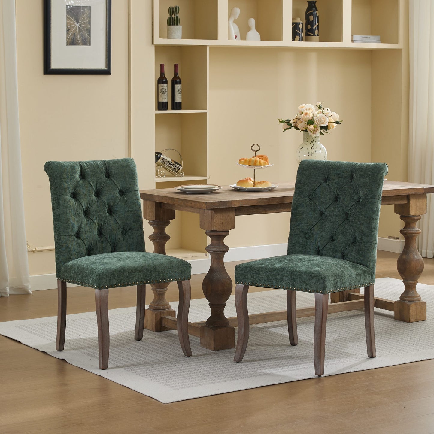 Upholstered Chenille Fabric Accent Dining Chair, Curved Solid Wood Legs, Elegant Tufted