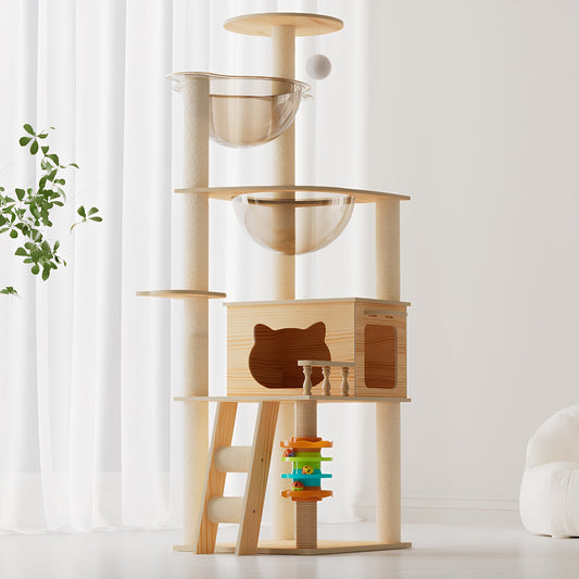 59" Modern Wood Cat Tree Tower – Multi-Level Cat Condo with Sisal Scratching Posts, Acrylic Hammock & Top Perch for Small and Large Indoor Cats