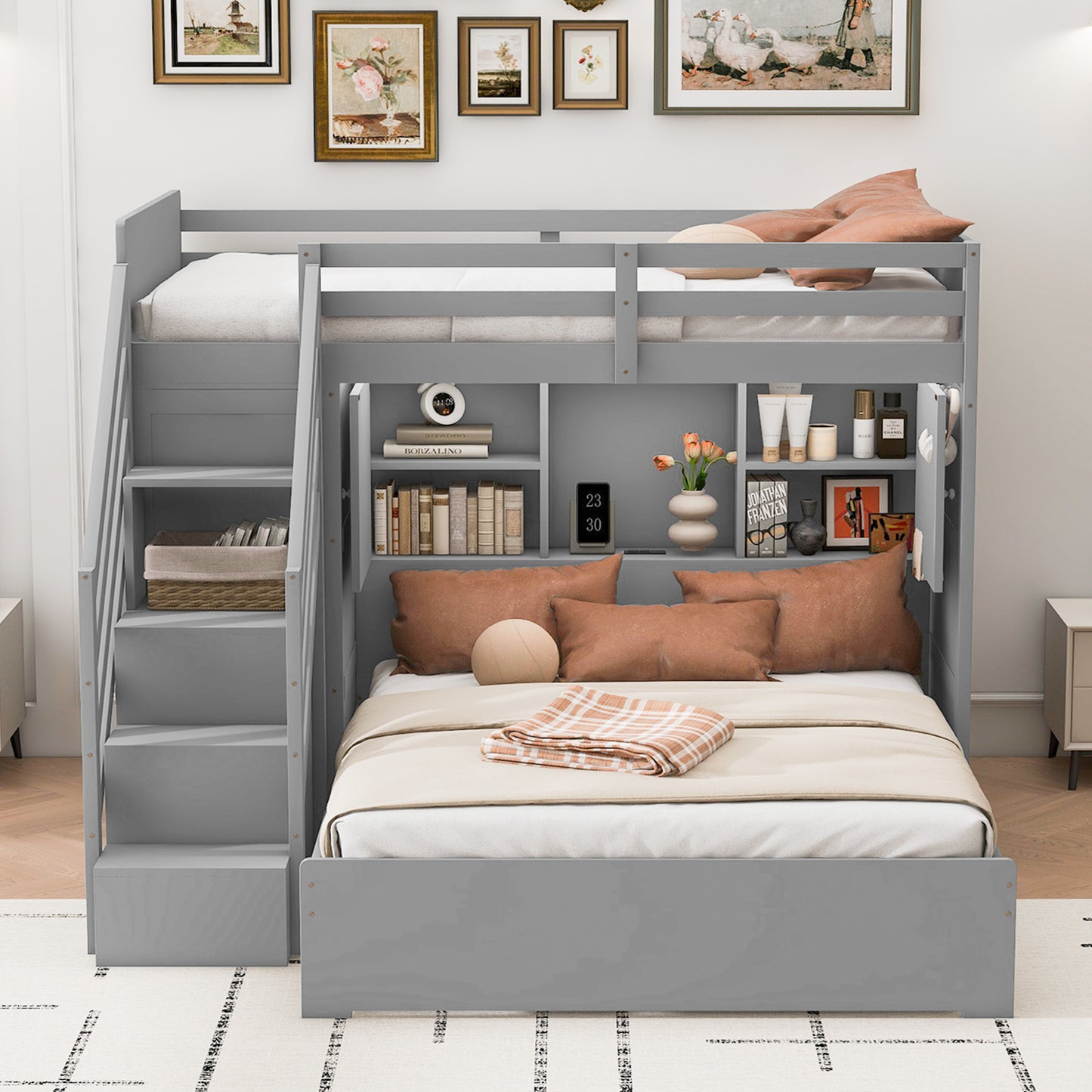 Twin over Full Bunk Bed with Storage Stairs, Wardrobe,USB and Ligh