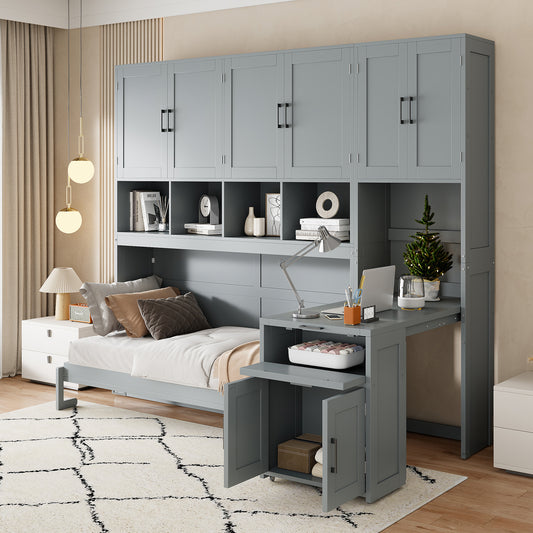 Murphy Wall Bed Twin Gray MDF and LVL with Drawers and Storage for Bedroom and Guest Room