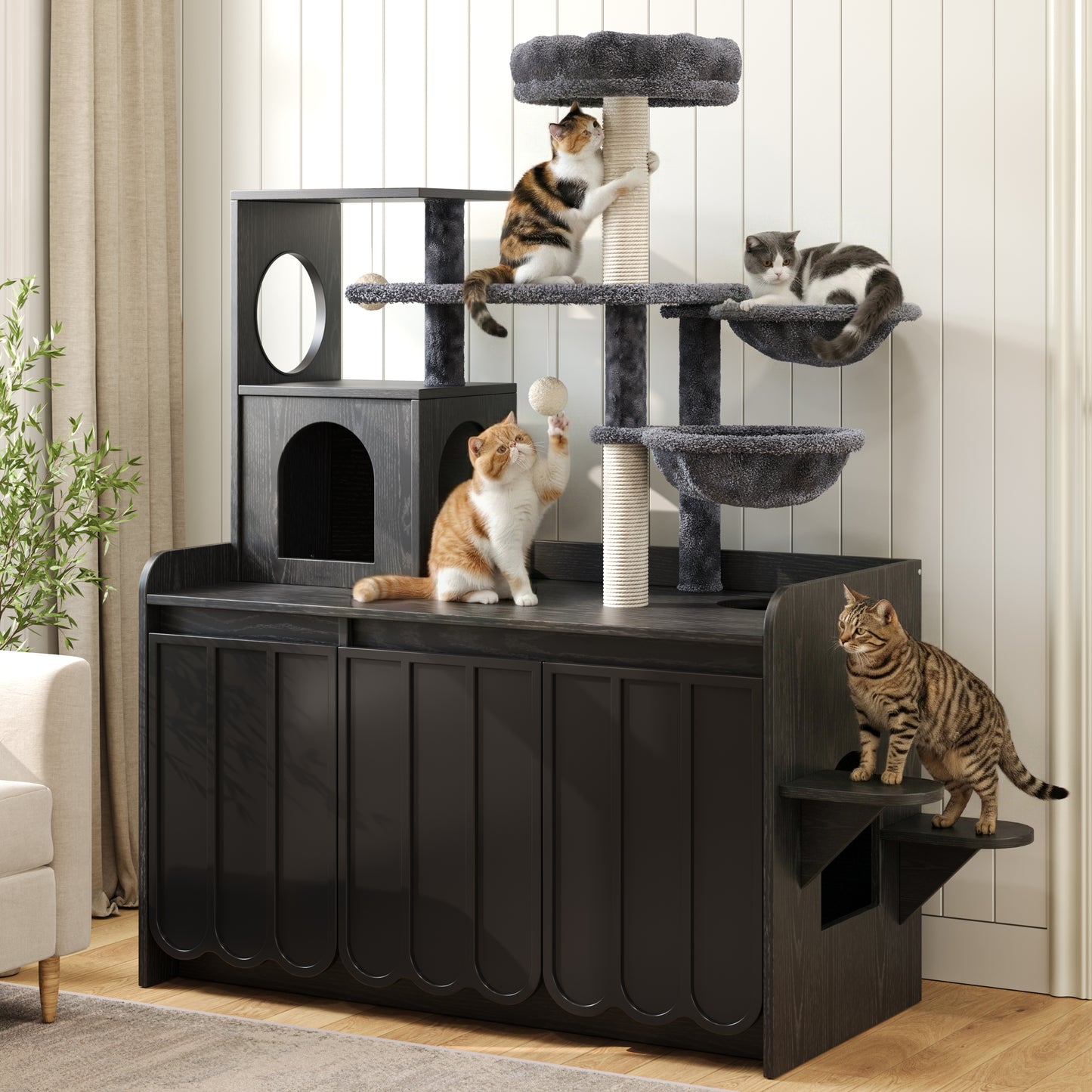 50.6'  Cat Tree with Litter Box Enclosure, 5Cat Tower with Sisal Scratching Post and Storage Space, Hidden Litter Enclos