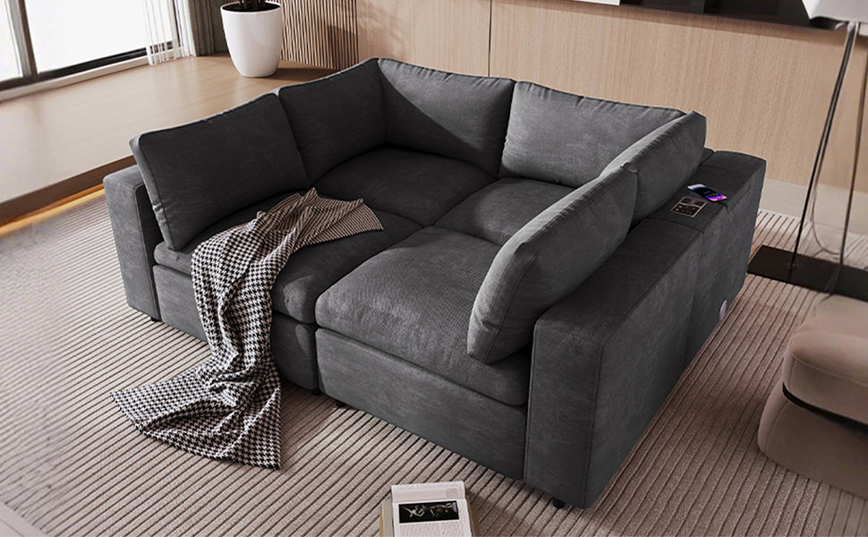 Upholstered Modular Sofa with  with Storage Space, USB Charge Ports,Wireless Charging and Built-in Bluetooth Speaker in Arm,Sectional sofa for Living Room Apartment.[old sku:WY000317AAE]