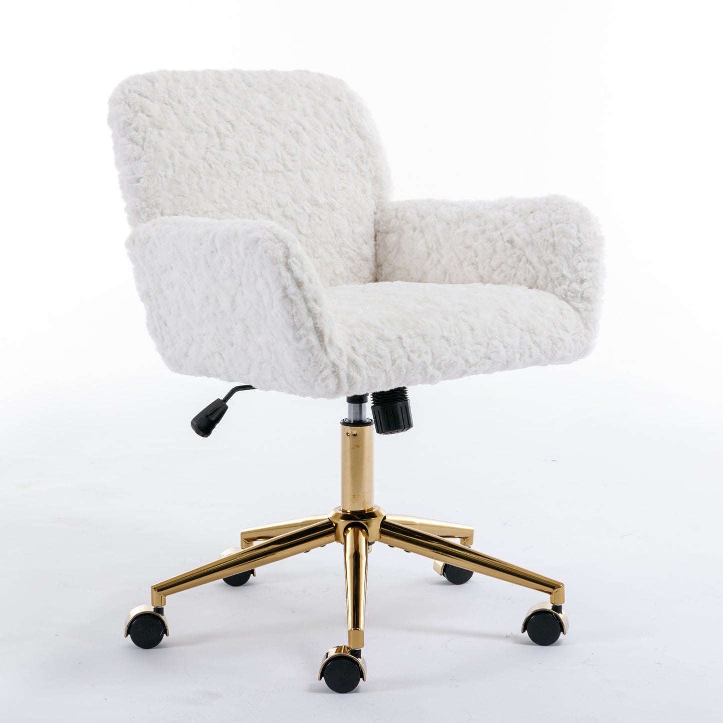 Artificial Rabbit Hair Office Chair with Golden Metal Base, Adjustable Swivel Vanity Chair, Beige Velvet