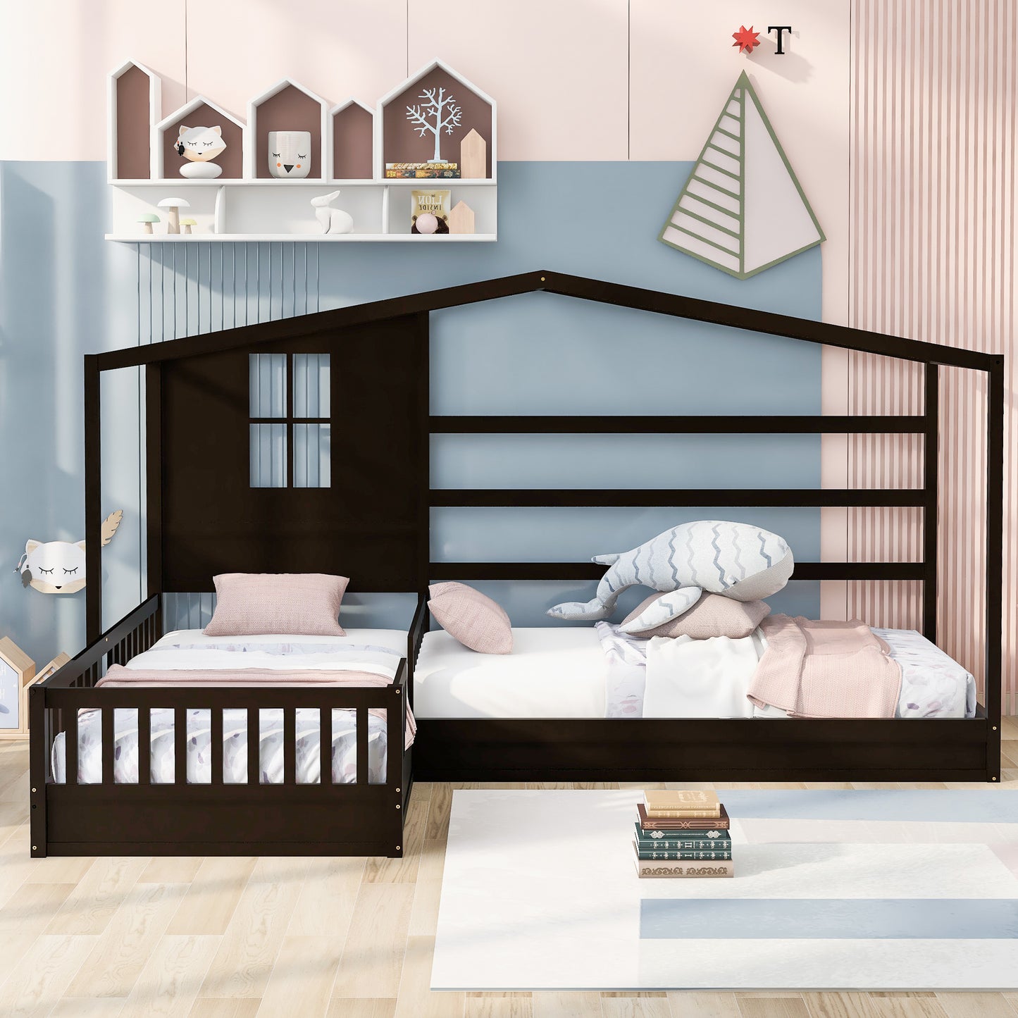Wood House Bed Twin Size, 2 Twin Solid Bed L structure with fence and slatted