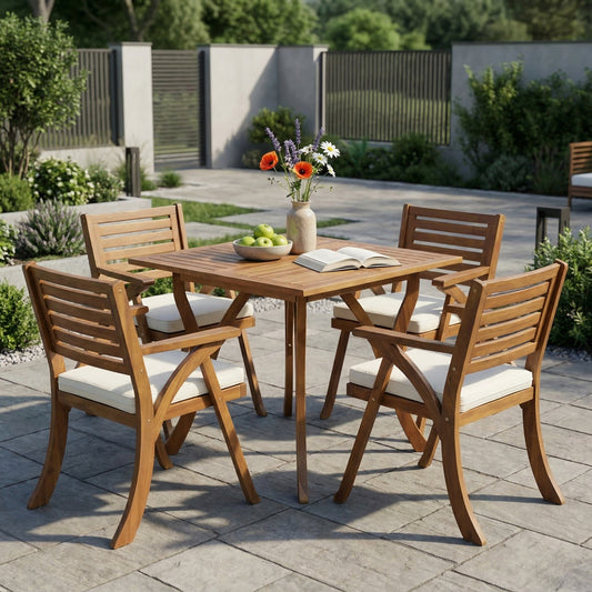 Hermosa 5-Piece Outdoor Acacia Wood Dining Set – Teak Finish Patio Table with 4 Cushioned Arm Chairs, Weather-Resistant Garden Furniture
