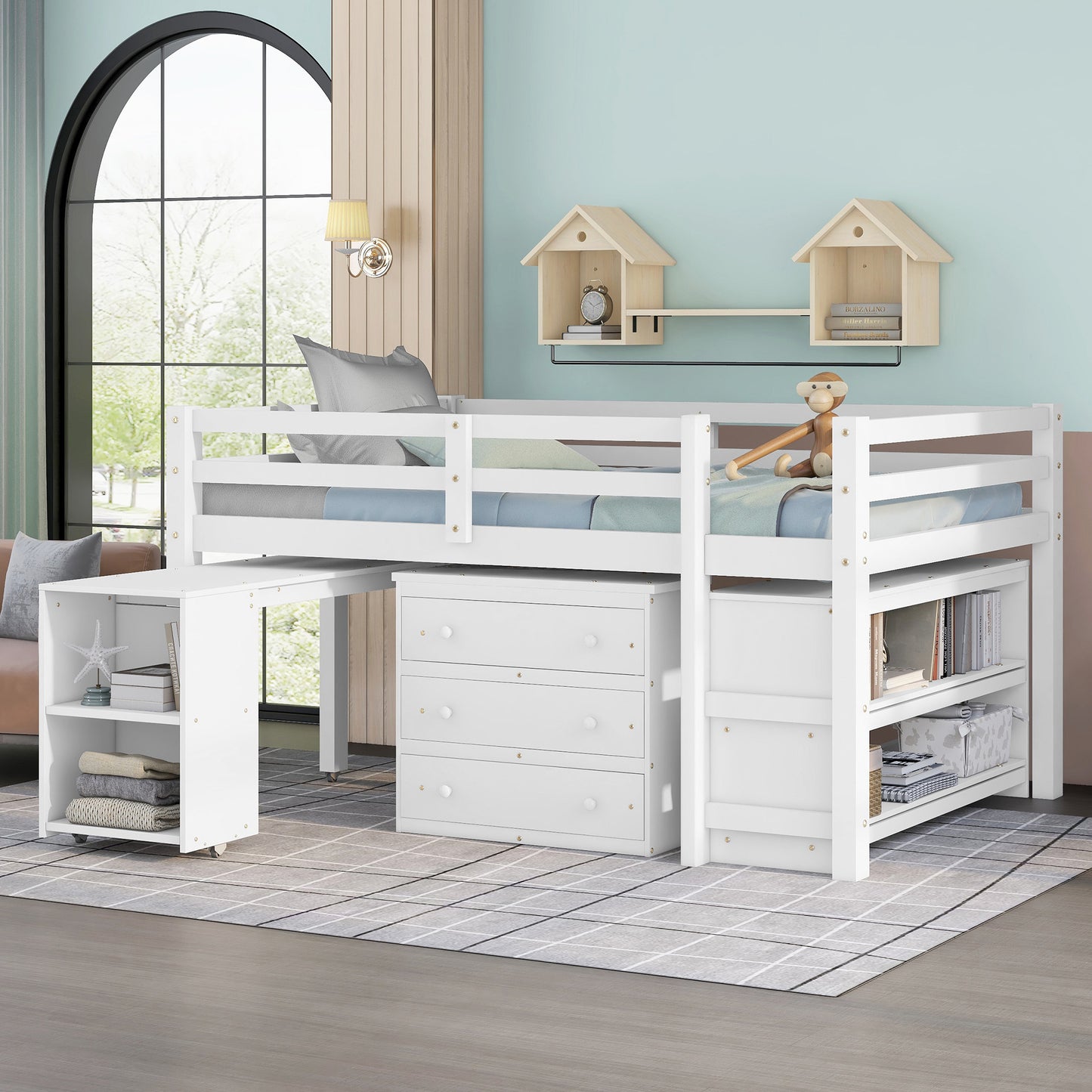 Low Study Full Loft Bed with Cabinet, Shelves and Rolling Portable Desk, Multiple Functions Bed