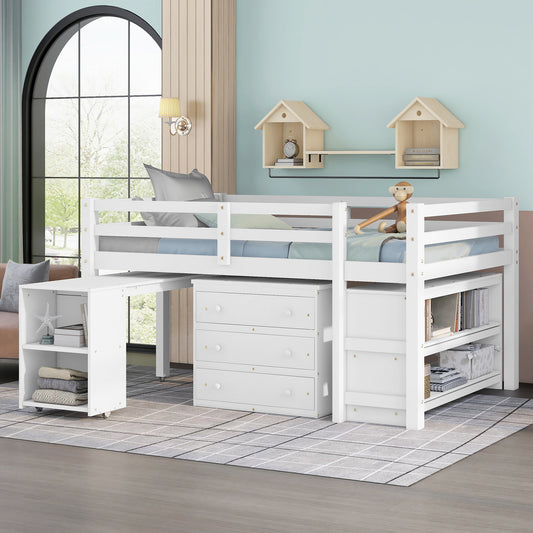 Low Loft Bed, Full Size, Solid Wood with Shelves, Cabinets, and Rolling Desk for Bedroom or Study Space