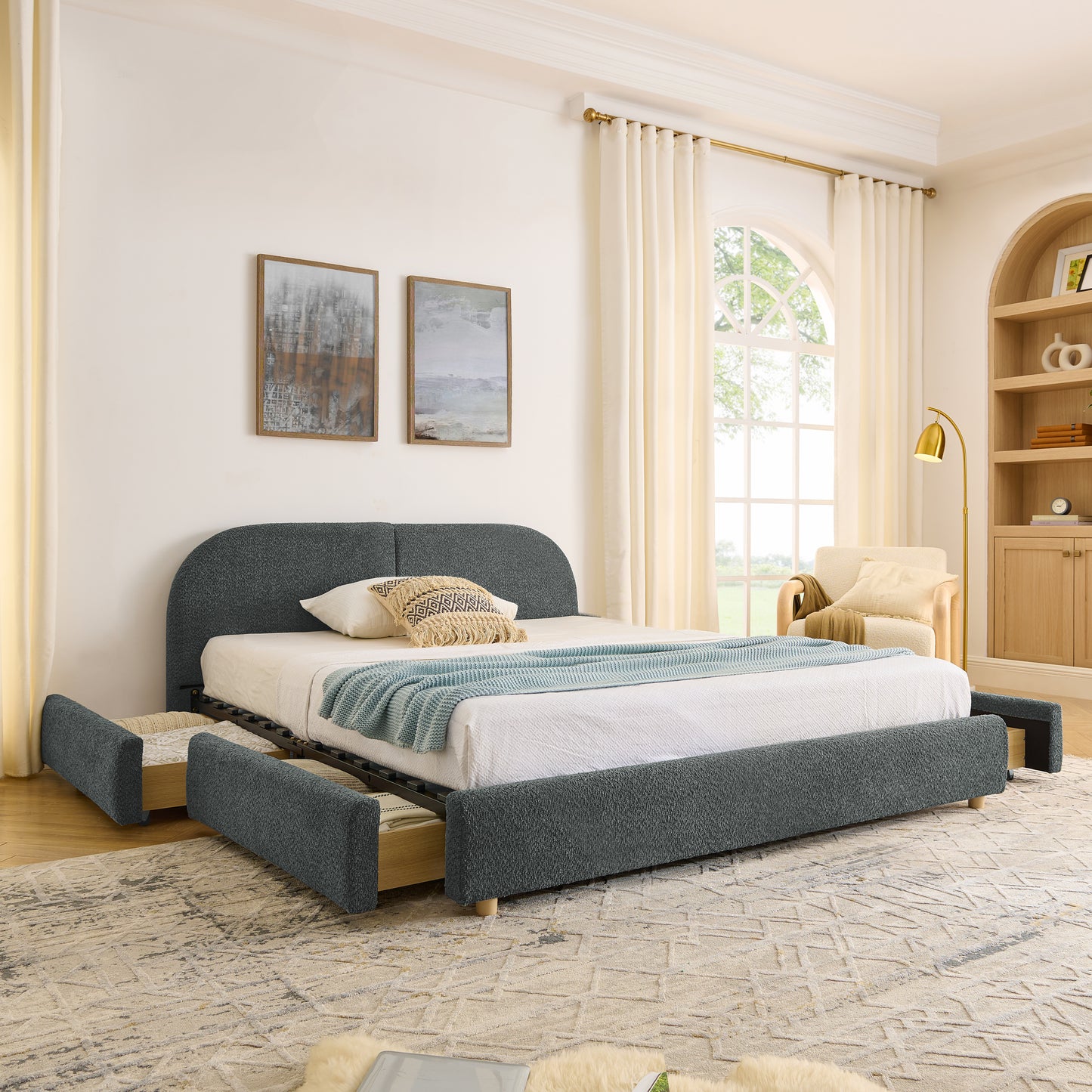 Upholstered Bed Frame Modern Minimalist Style - Circle Yarn Fabric, Tall Curved Headboard, Sturdy Leg Support & Wheeled Drawer Storage, Mattress Not Included