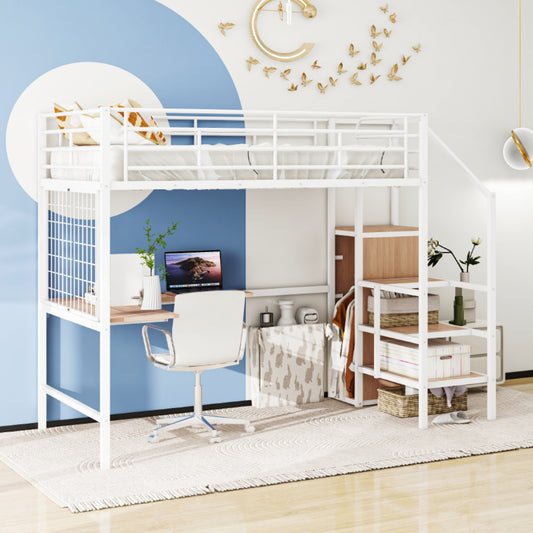 Loft Bed Full Metal White with Desk and Storage for Bedroom or Guest Room